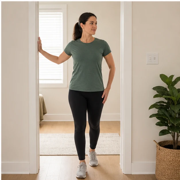 Adult doing a gentle doorway chest stretch