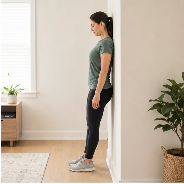 Adult practicing a gentle standing chin tuck against a wall