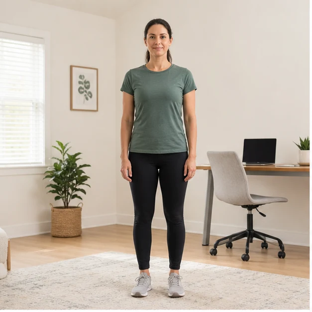 Adult standing with neutral posture in a bright home office