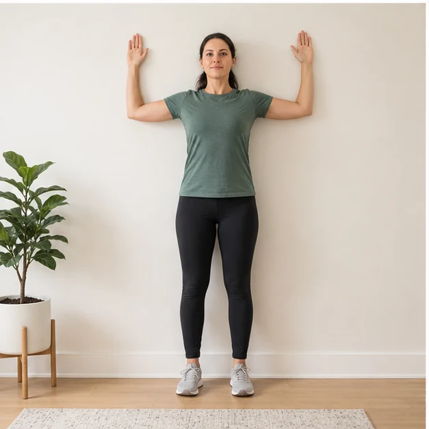 Adult performing a standing wall angel with elbows bent