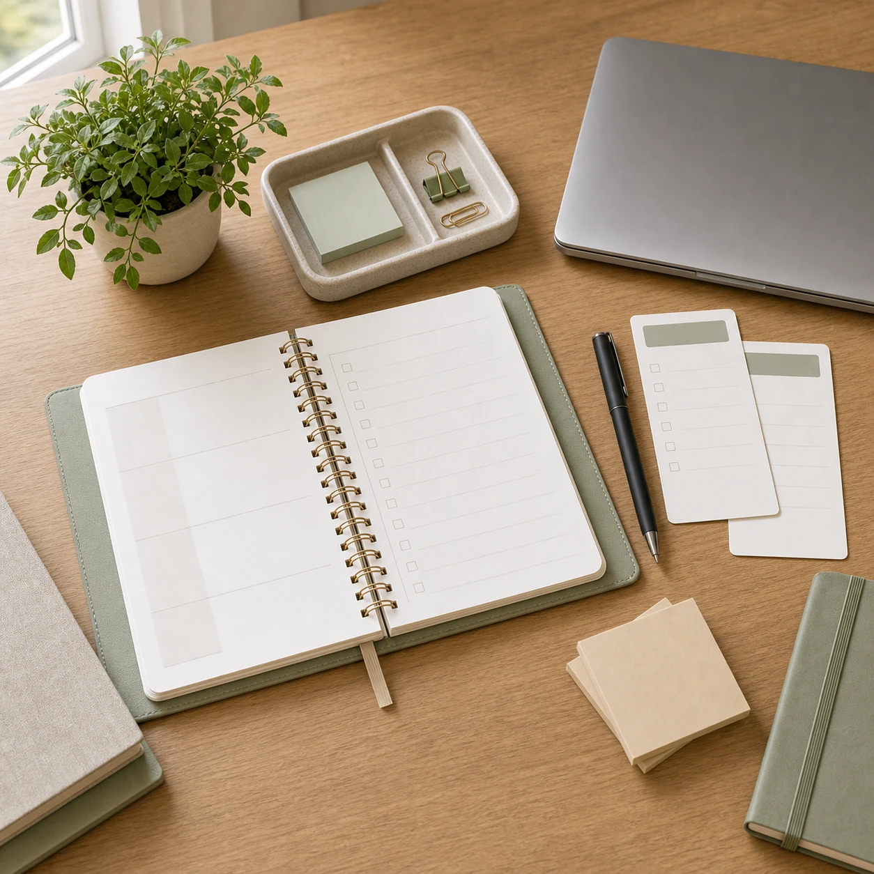 Calm desk with blank planner checklist cards laptop pen and tidy tray