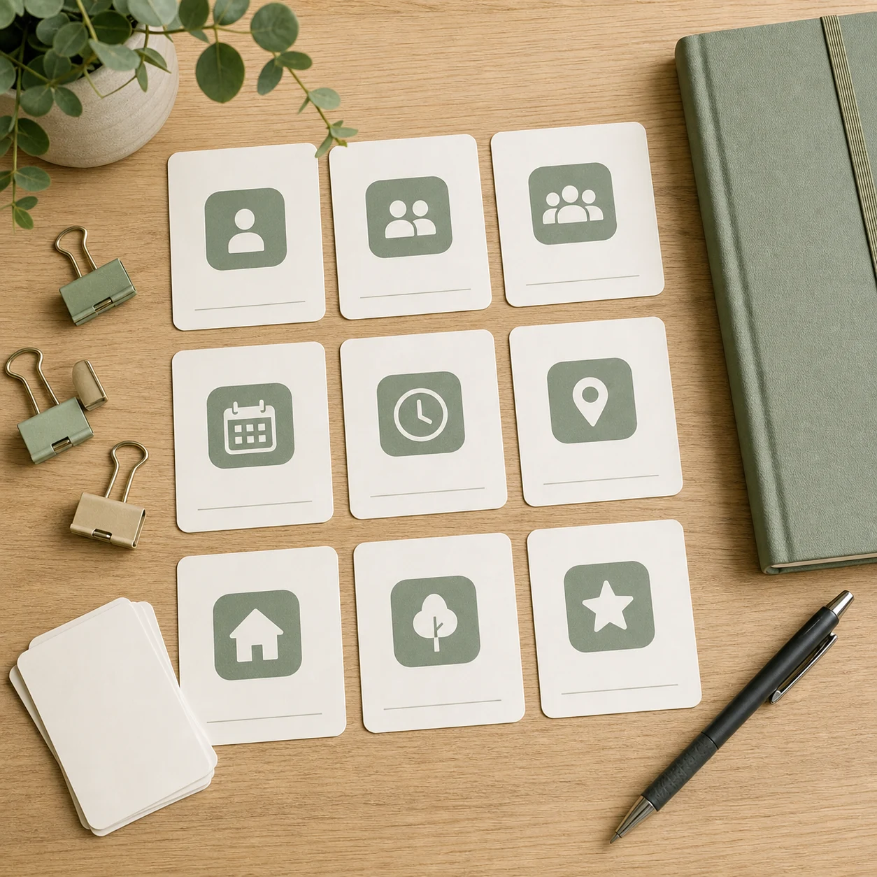 Blank decision menu cards with simple icons binder clips notebook and pen