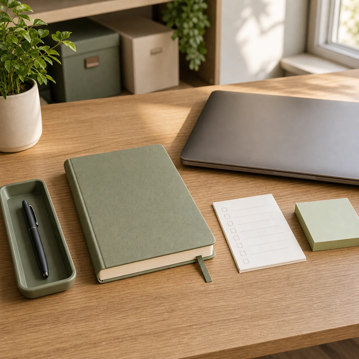 Calm end of day desk reset with closed notebook laptop pen tray and sticky notes