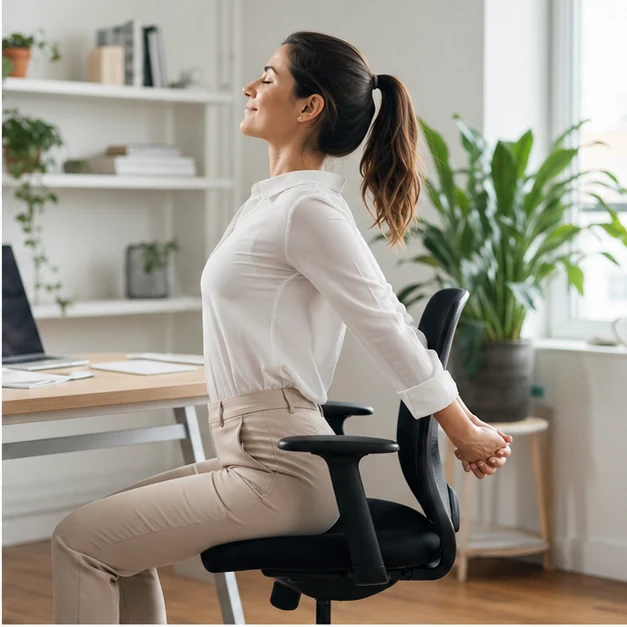 Office worker doing a seated chest opener at a desk chair