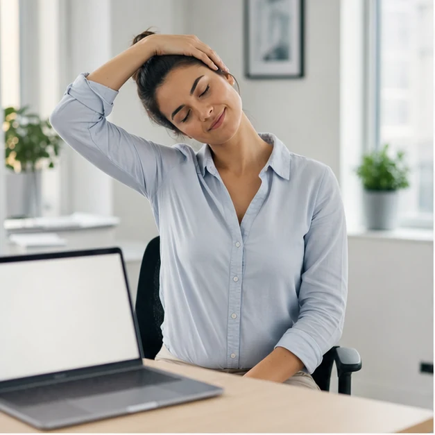 Office worker doing a gentle neck stretch at a desk