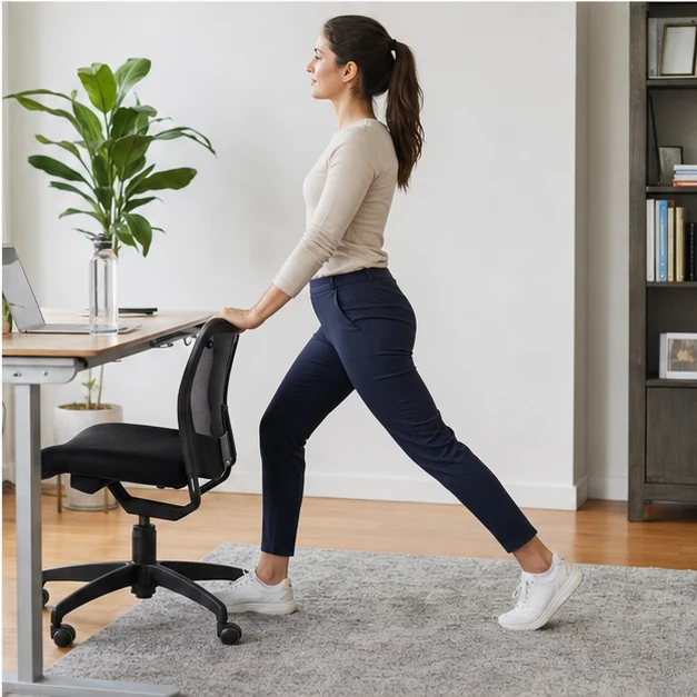 Office worker doing a standing calf and hip stretch beside a desk chair