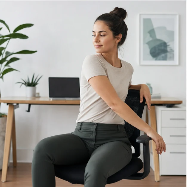 Office worker doing a seated spinal twist in a desk chair