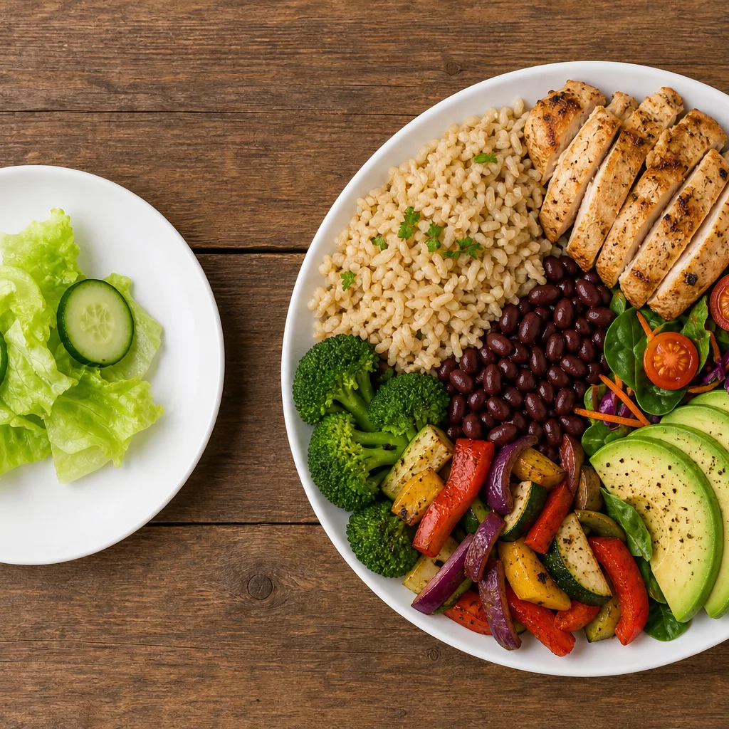 Balanced colorful plate compared with a tiny crash-diet salad portion