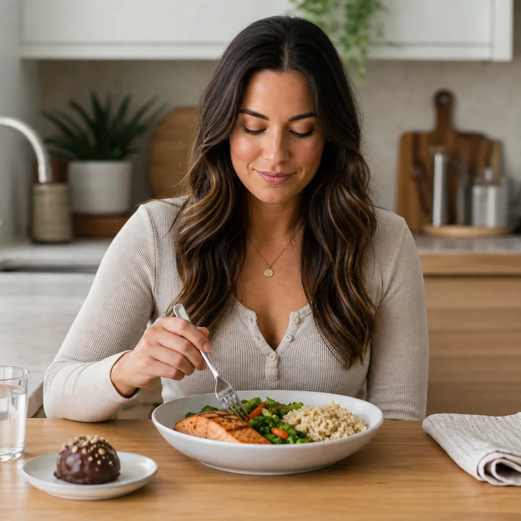 Woman eating a balanced normal meal after a small treat, breaking the binge-restrict cycle