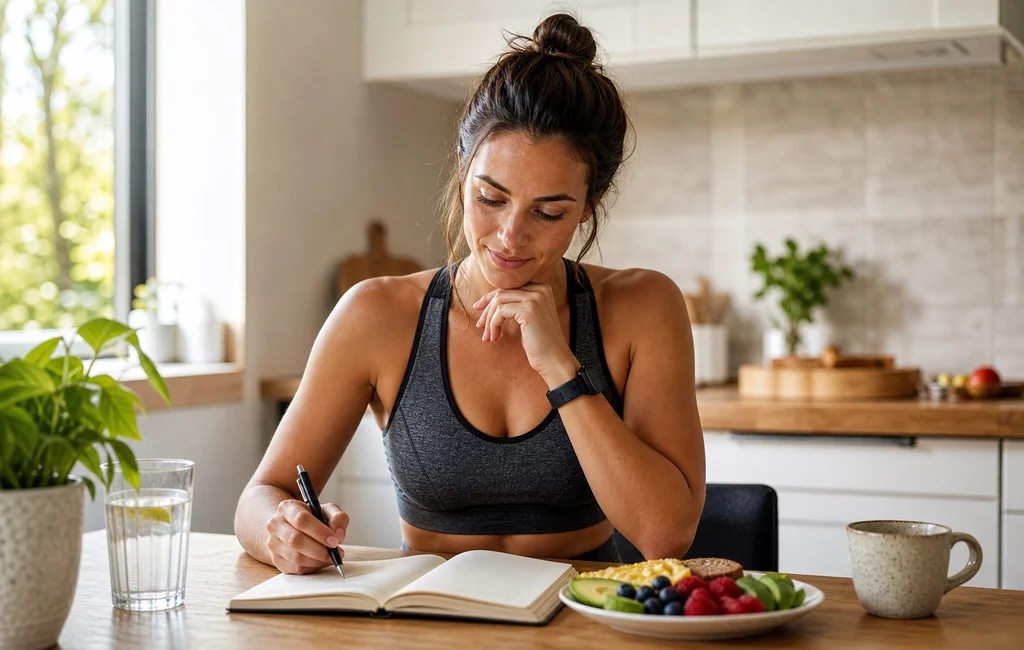 Woman reviewing a meal plan journal with a balanced healthy breakfast