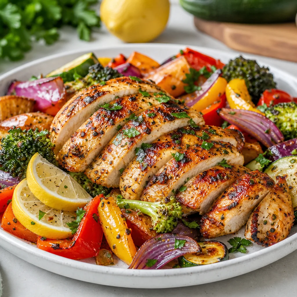Spiced grilled protein with herbs and colorful roasted vegetables on a plate