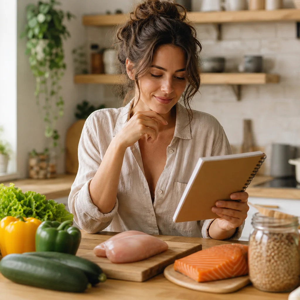 Woman planning sustainable meals with fresh ingredients in the kitchen