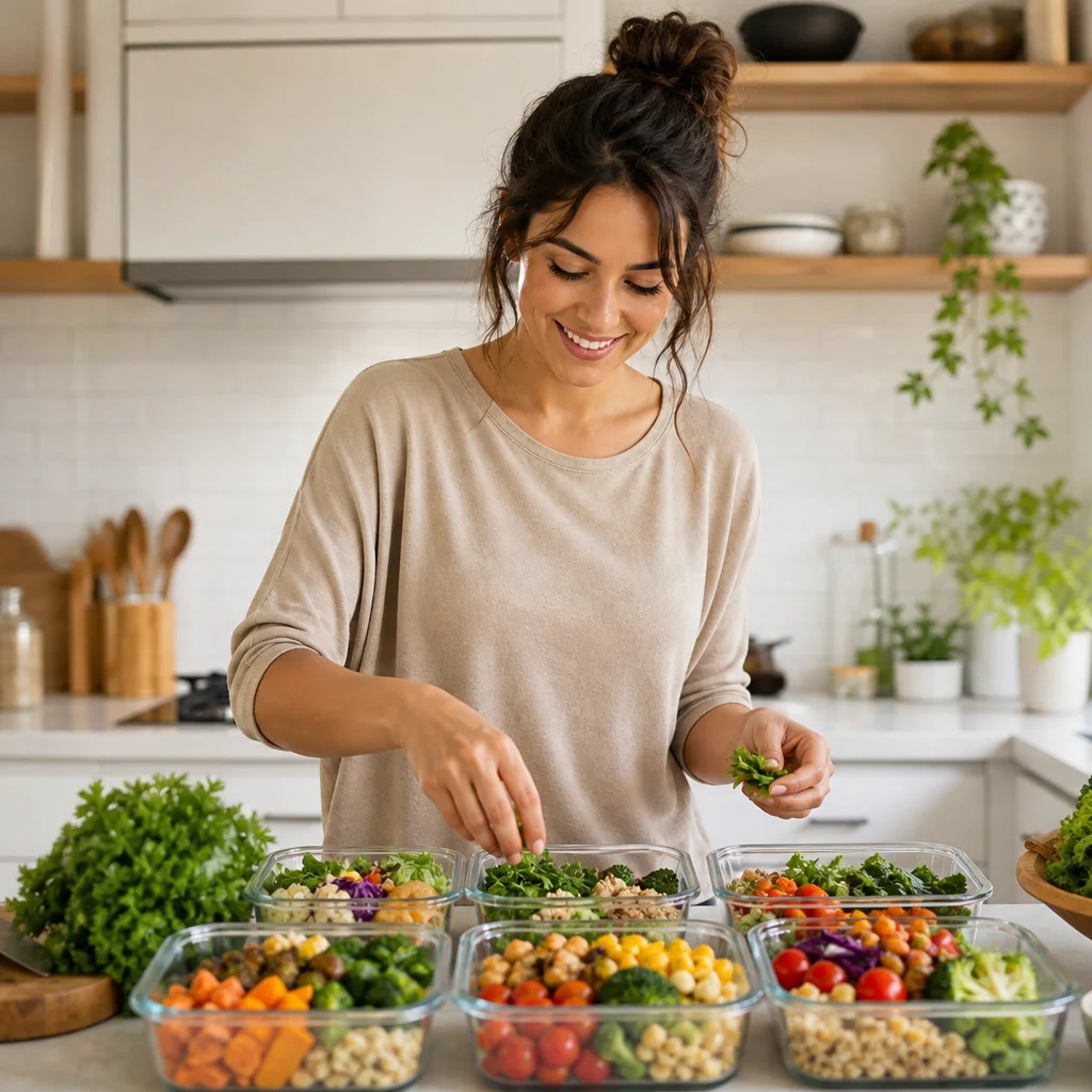 Woman meal prepping healthy containers for sustainable weekly eating