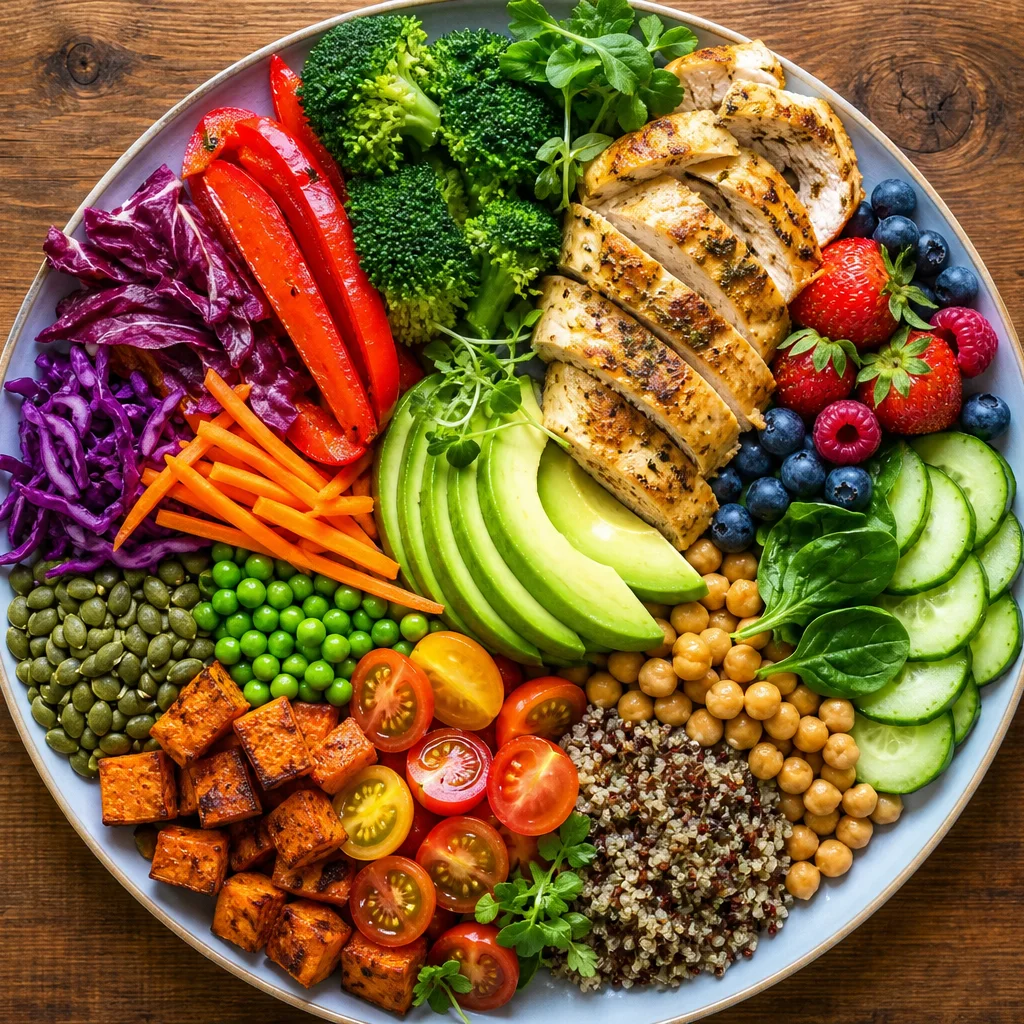 Colorful plate of vegetables, fruits, legumes, and lean protein for micronutrient-rich eating