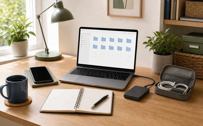 Tidy desk with laptop folders, phone, external drive, notebook, cable organizer, and plant