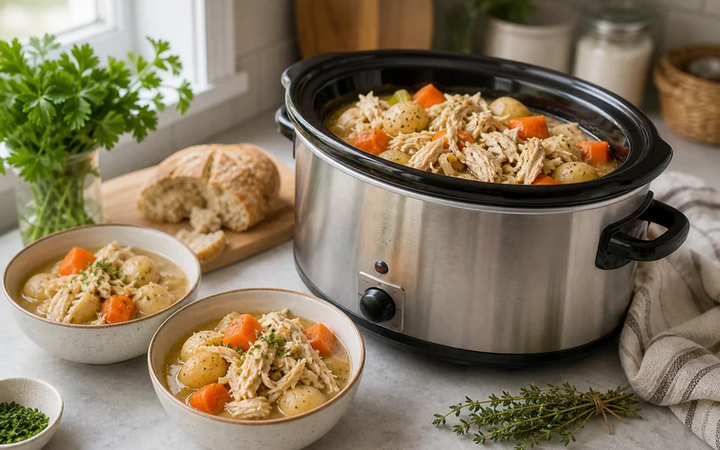 Easy crockpot recipes with tender shredded chicken, vegetables, potatoes, and serving bowls