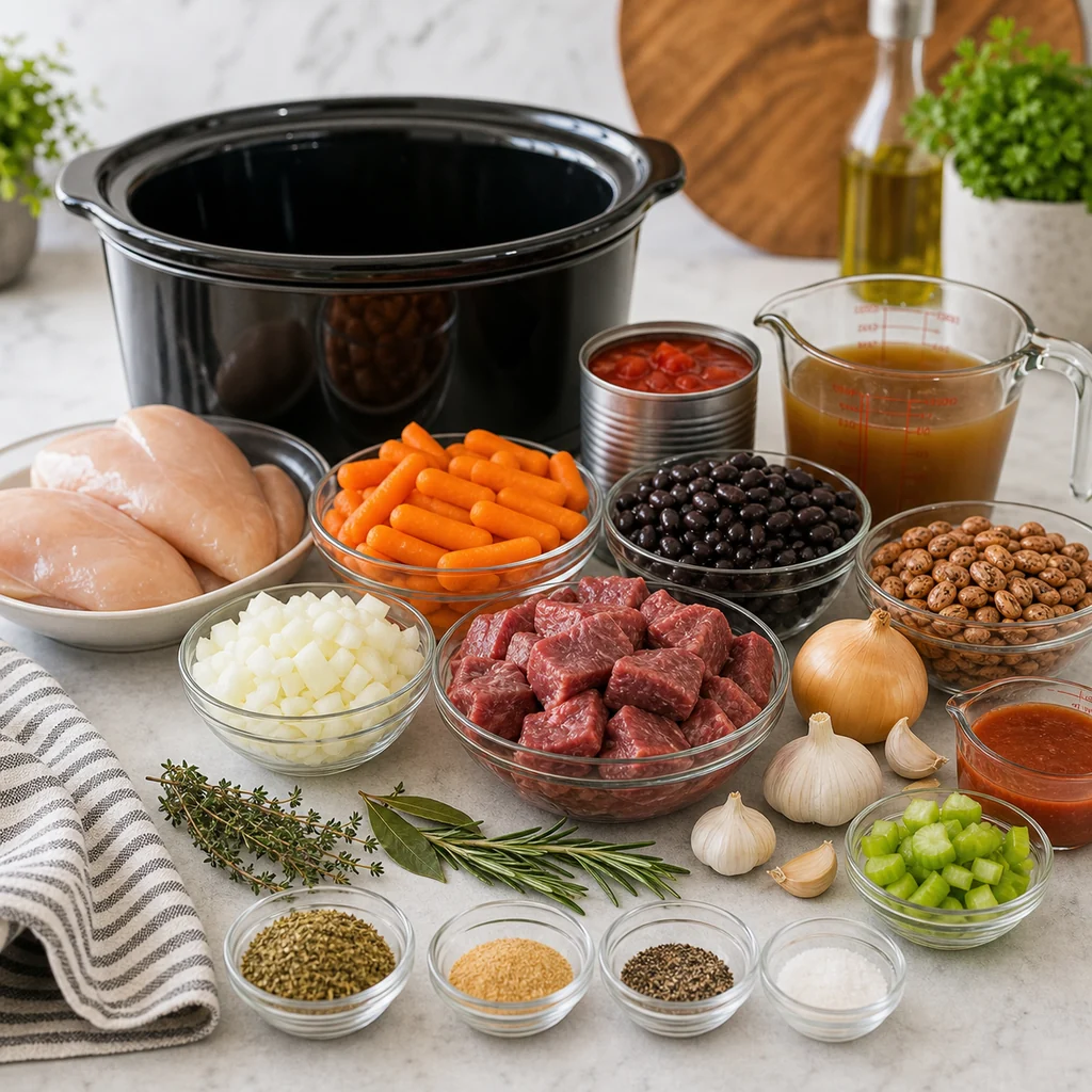 Ingredients for easy crockpot recipes including chicken, beef, beans, carrots, onions, broth, herbs, and tomatoes