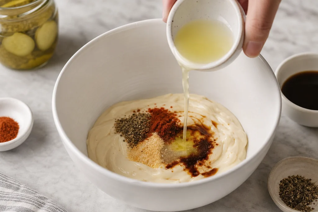 Adding pickle juice, Worcestershire sauce, and spices to fry sauce