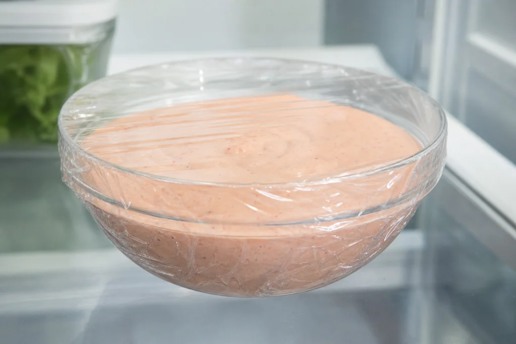 Fry sauce covered and chilling in the refrigerator