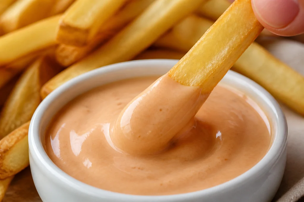 French fry dipped into creamy homemade fry sauce