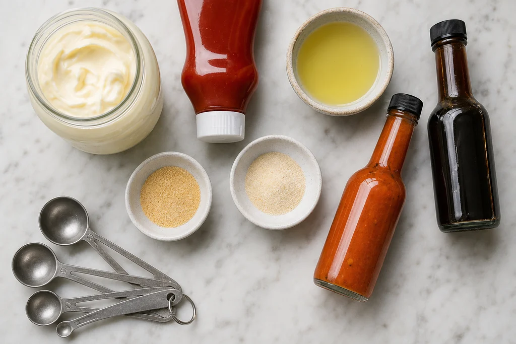 Mayonnaise, ketchup, pickle juice, Worcestershire, hot sauce, and spices for fry sauce