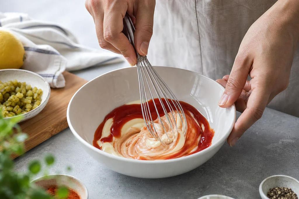 Whisking mayonnaise and ketchup together in a white mixing bowl