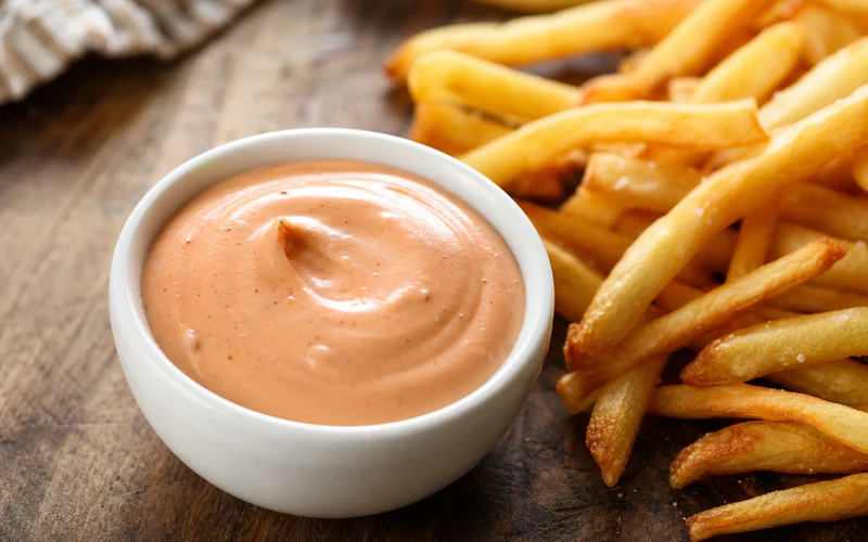 Creamy homemade fry sauce in a ramekin beside golden french fries