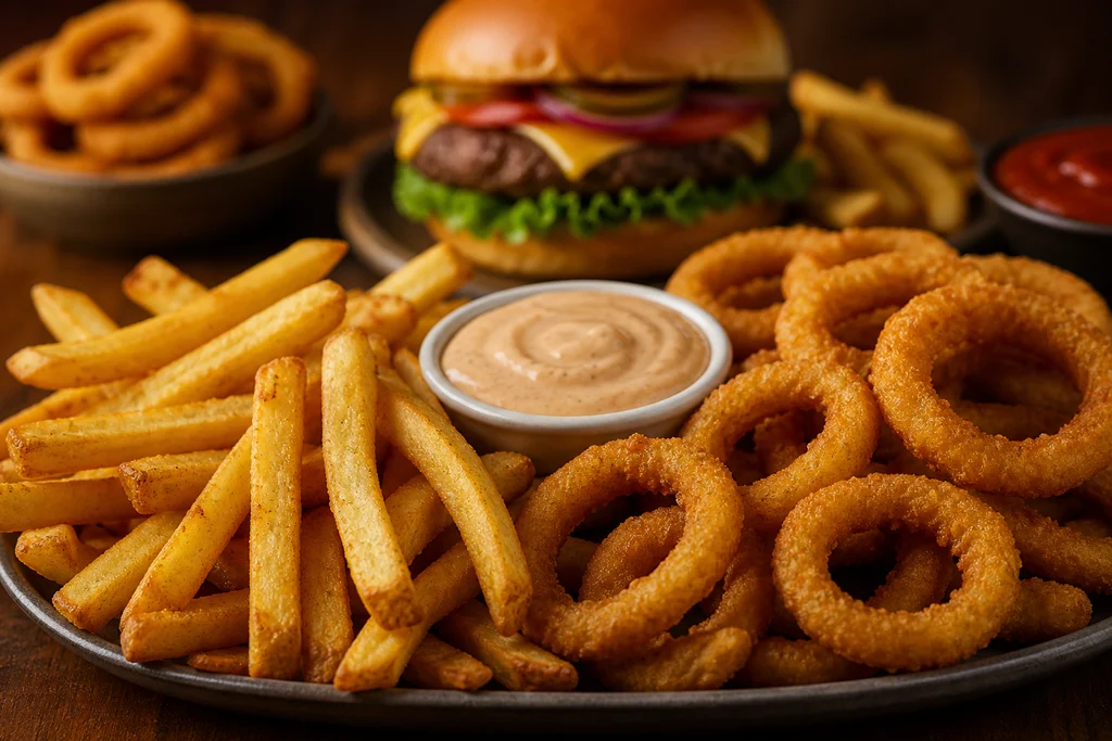 Fry sauce served with french fries, onion rings, and a burger