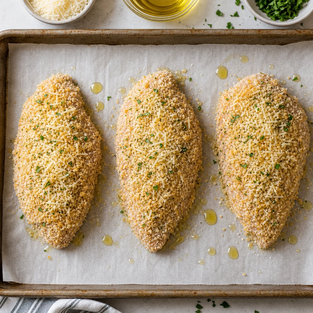 Breaded Parmesan chicken breasts on a parchment-lined baking sheet with olive oil drizzle before baking