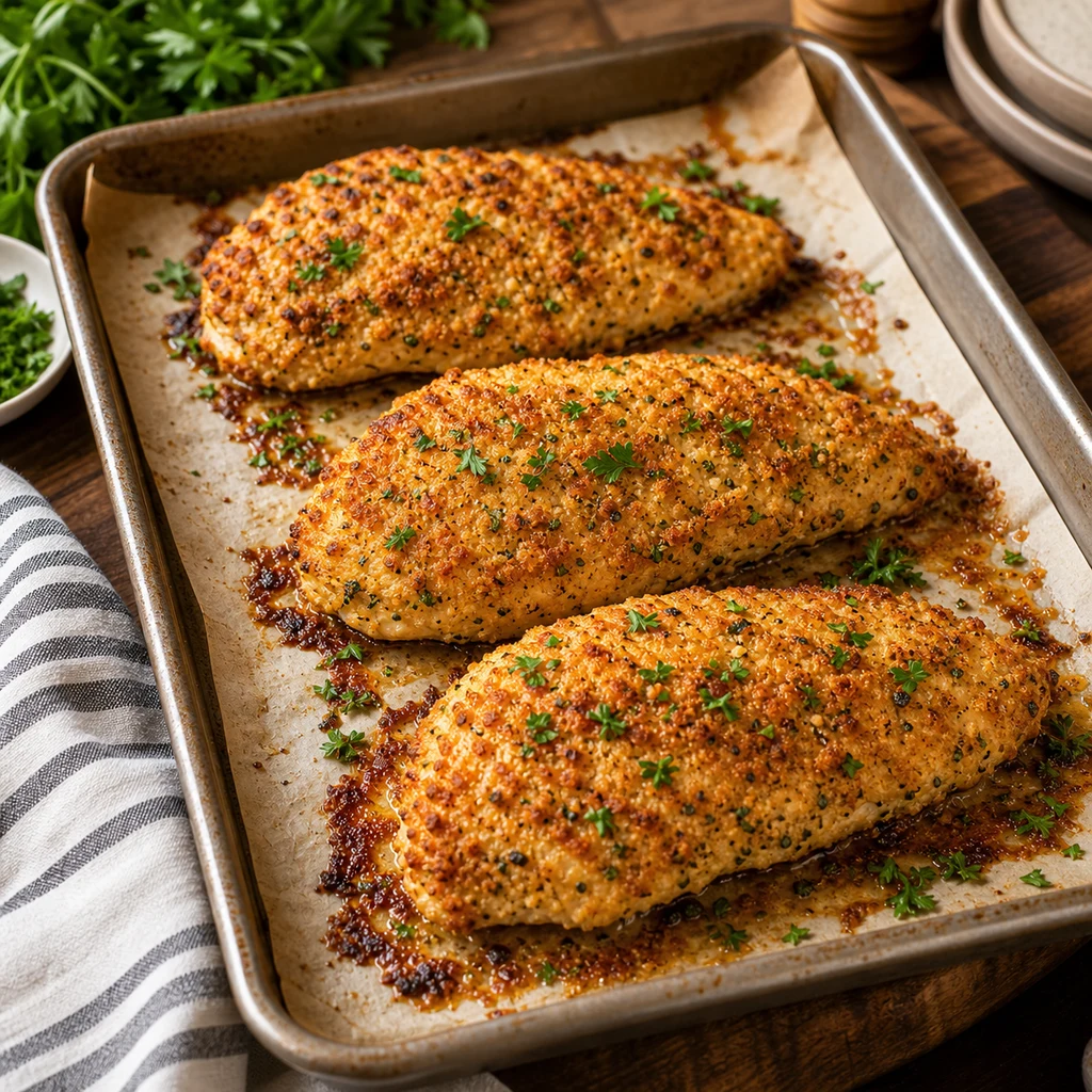 Baked Parmesan chicken breasts on a sheet pan with golden crispy crust and parsley
