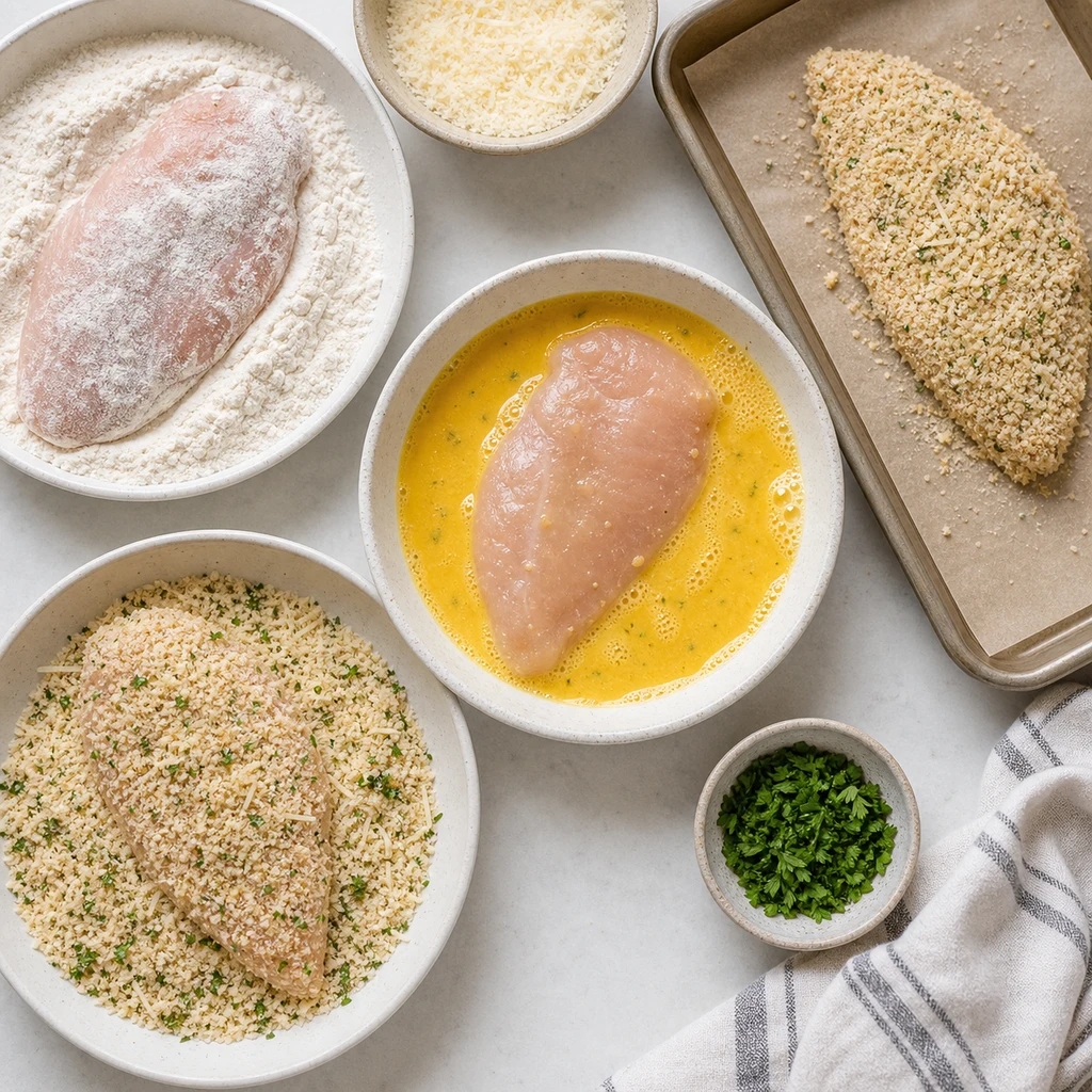 Raw chicken breast dipped in egg and coated with Parmesan breadcrumb mixture before baking