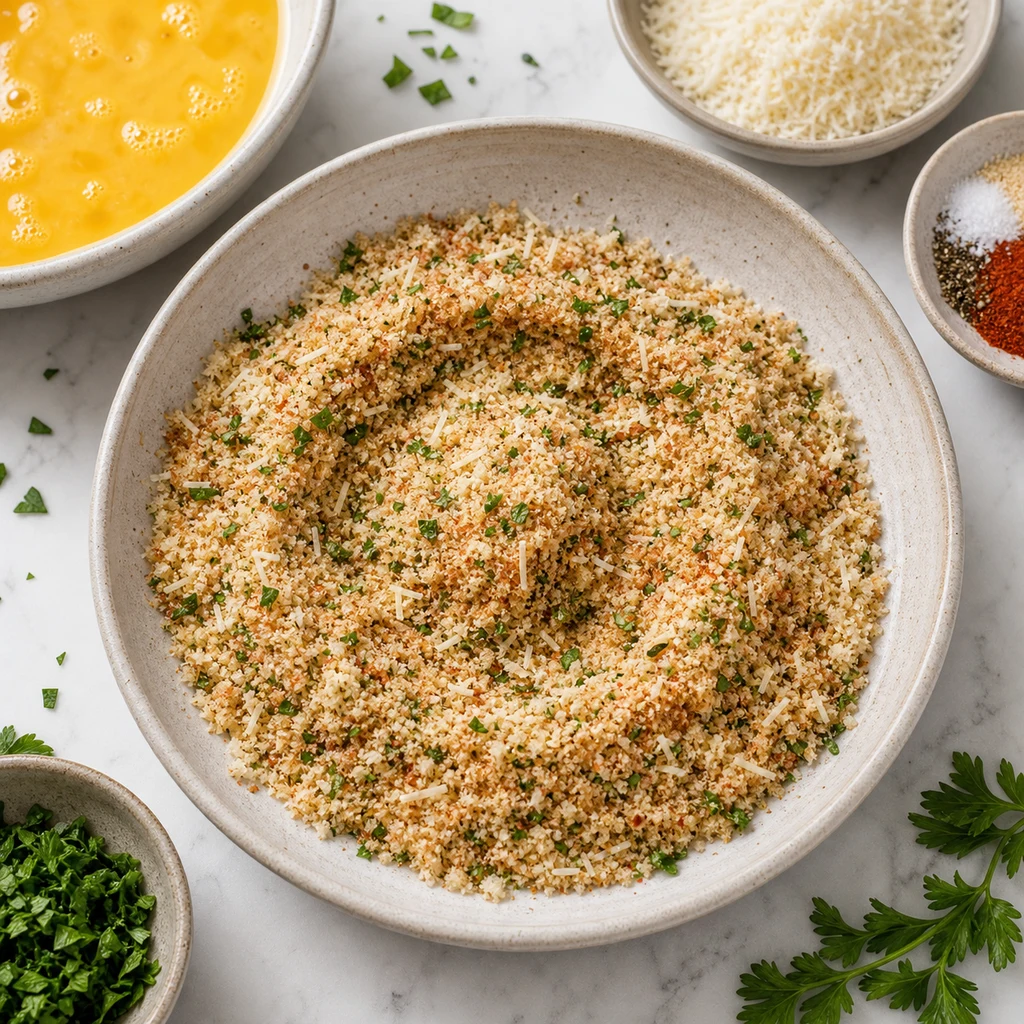 Parmesan breadcrumb coating mixed with garlic powder, paprika, parsley, salt, and pepper in a shallow bowl