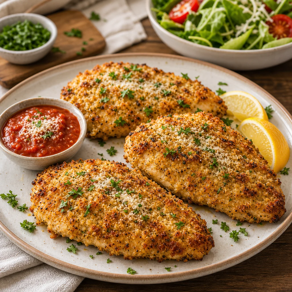 Easy Peasy Parmesan Chicken Recipe with crispy baked Parmesan chicken, parsley, lemon, marinara sauce, and salad
