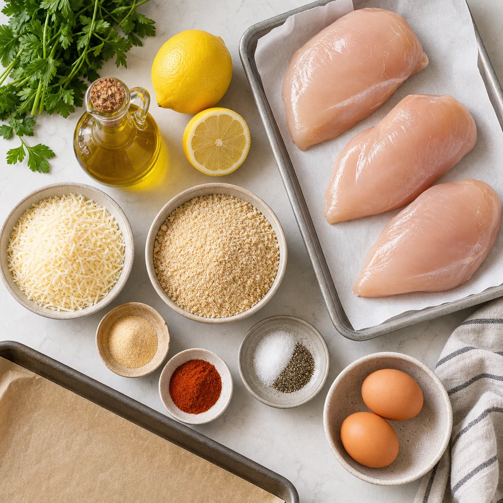 Ingredients for Easy Peasy Parmesan Chicken Recipe including raw chicken breasts, Parmesan, breadcrumbs, eggs, olive oil, garlic powder, paprika, salt, pepper, lemon, and parsley