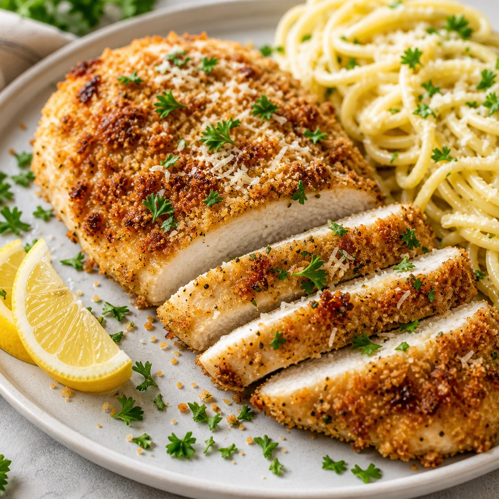 Sliced baked Parmesan chicken breast showing juicy white interior and crispy crust with lemon and pasta