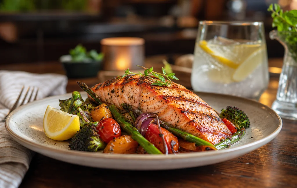 Grilled salmon with roasted vegetables and water at a restaurant table