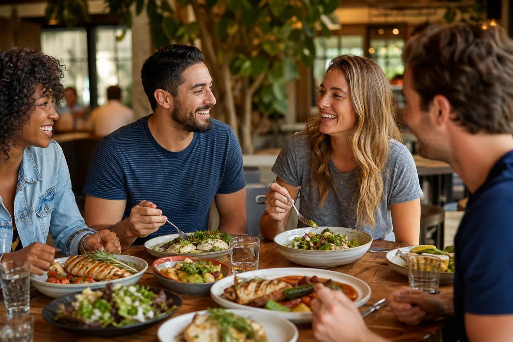 Friends sharing a healthy restaurant meal with grilled dishes and salads