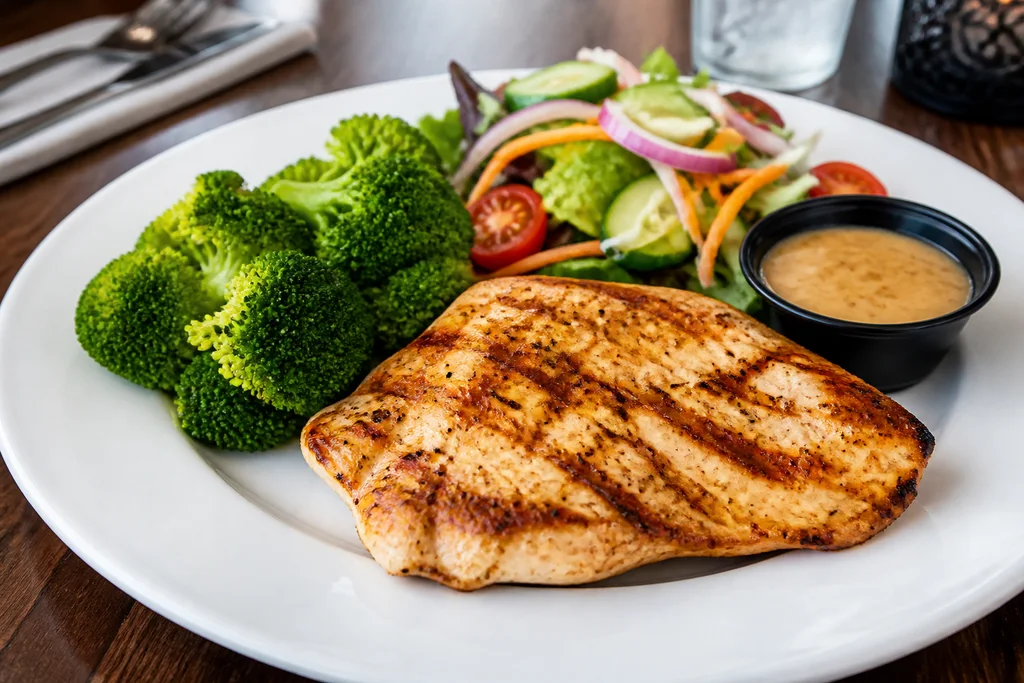 Grilled chicken with broccoli and side salad, dressing served on the side