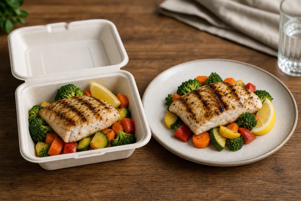 Half of a restaurant meal packed in a to-go box for portion control