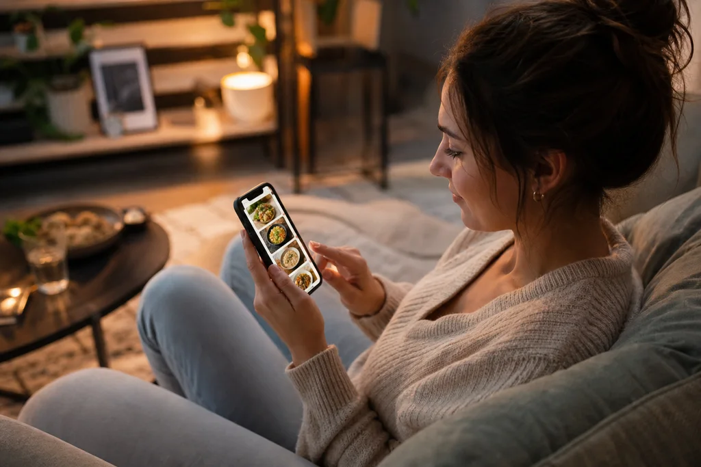 Person reviewing a restaurant menu on a phone before heading out to dinner