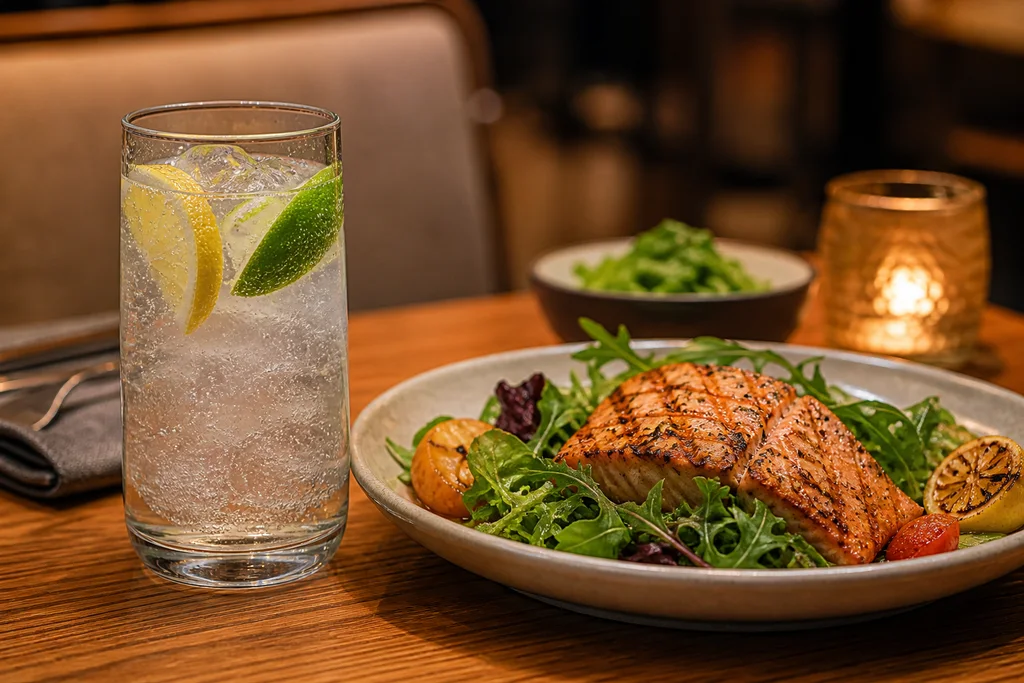 Glass of sparkling water with lime beside a healthy restaurant meal