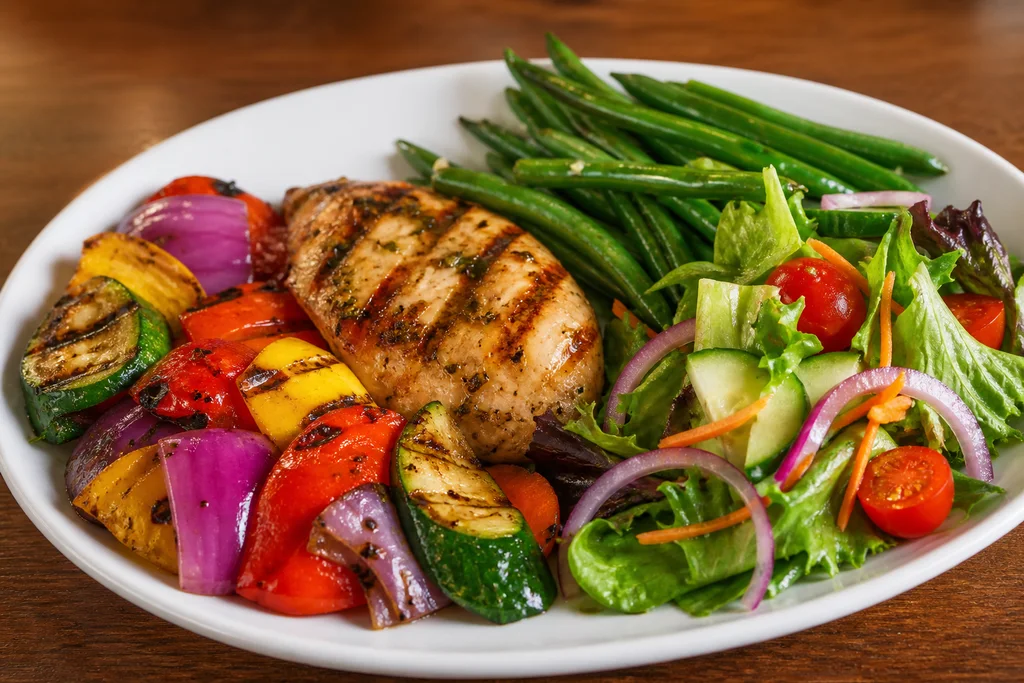 Restaurant plate with extra grilled vegetables instead of fried sides