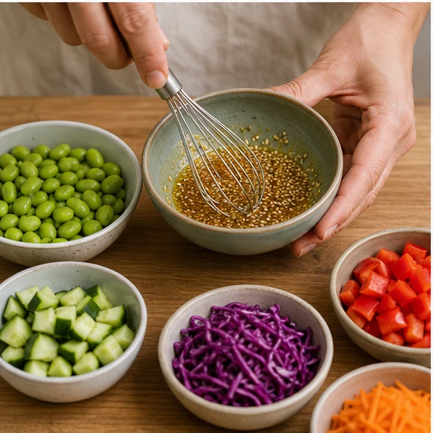 Hands whisking sesame-lime dressing beside edamame and chopped vegetables