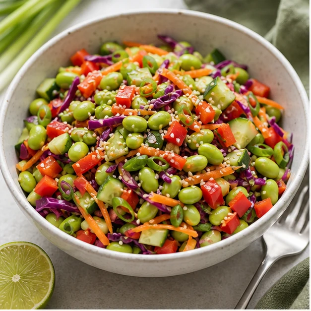 Colorful vegan edamame salad with cucumber, bell pepper, cabbage, carrot and sesame