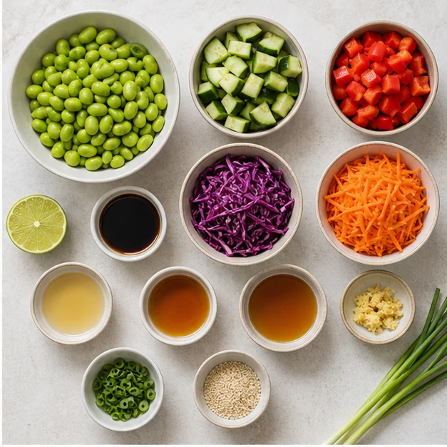 Edamame, cucumber, bell pepper, cabbage, carrot, scallions, lime and sesame dressing ingredients