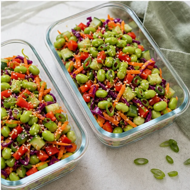 High-protein edamame salad packed into two glass lunch containers