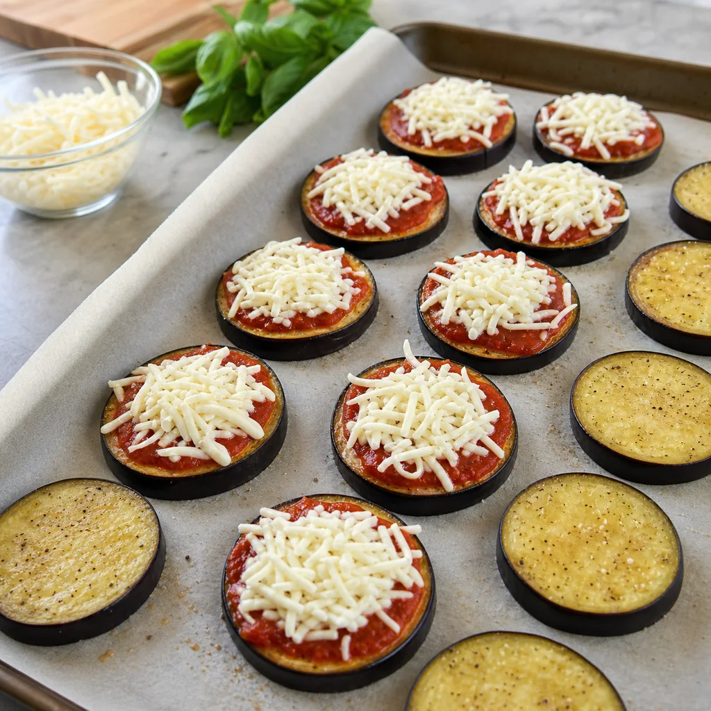Roasted eggplant rounds topped with tomato sauce and mozzarella