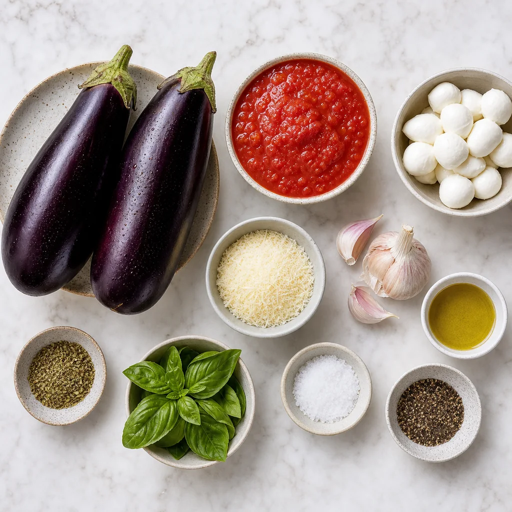 Ingredients for Julia Child inspired eggplant pizza bites