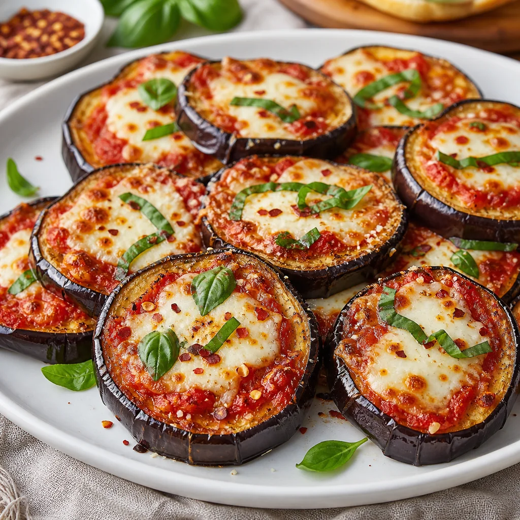 Eggplant pizza bites served with basil and red pepper flakes