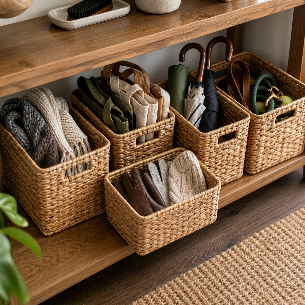 Entryway basket storage with scarves, reusable bags, umbrellas, gloves, and everyday extras